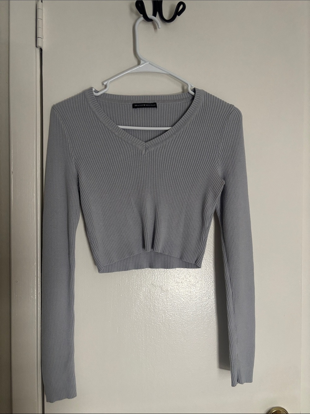 Brandy Melville Light Gray Ribbed V-Neck Cropped Long Sleeve Top one size